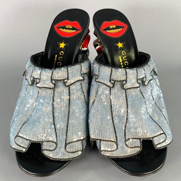 GUCCI Size 8 Trompe L'oeil Blue Red Gold Beaded Mules Sandals - Picture 5 of 10